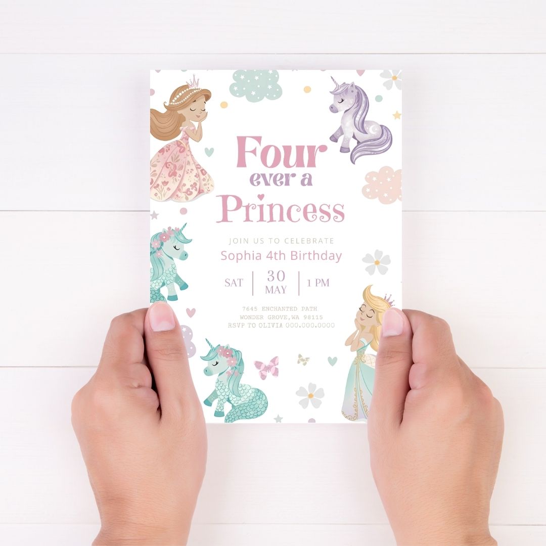 Invitación de cumpleaños de princesas y ponys editable, image size:1080x1080