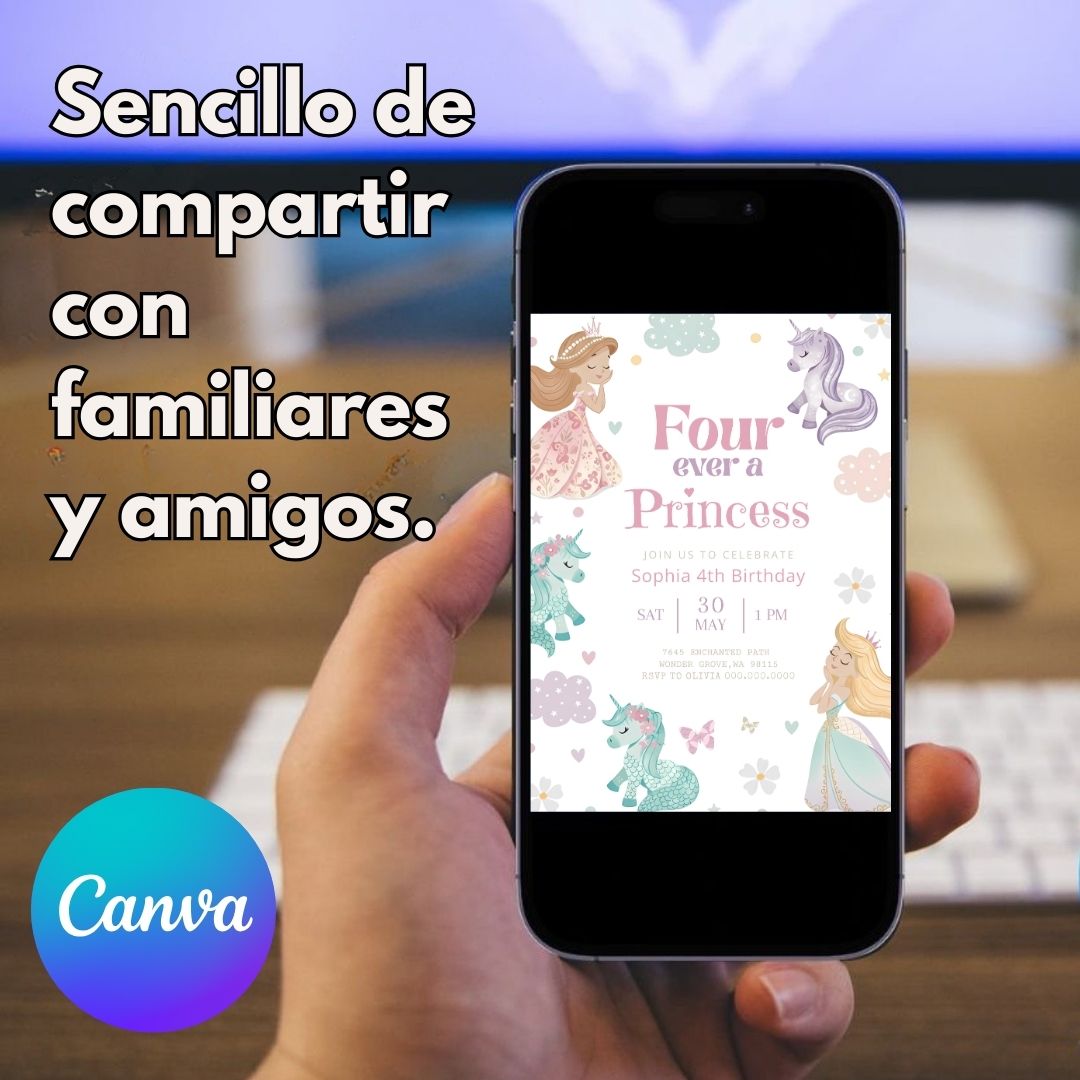 Invitación de cumpleaños de princesas y ponys editable, image size:1080x1080