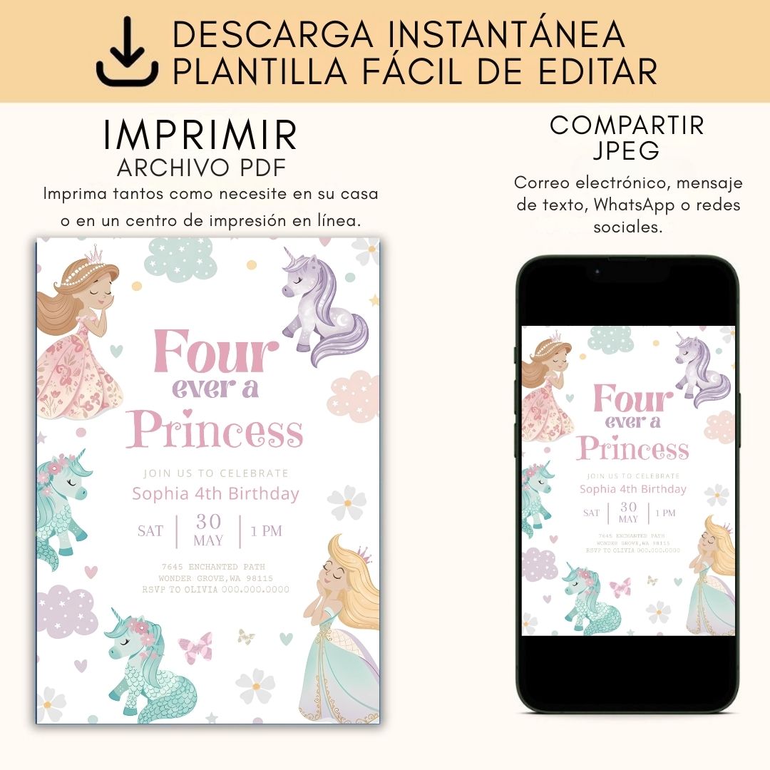 Invitación de cumpleaños de princesas y ponys editable, image size:1080x1080