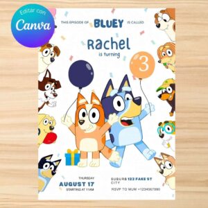 Invitación de cumpleaños de Bluey editable en Canva, Plantilla lista para una fiesta especial | Tarjeta digital e imprimible para compartir en WhatsApp