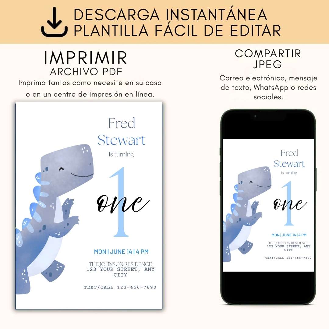 descarga plantilla invitación cumpleaños bebe dinosaurio