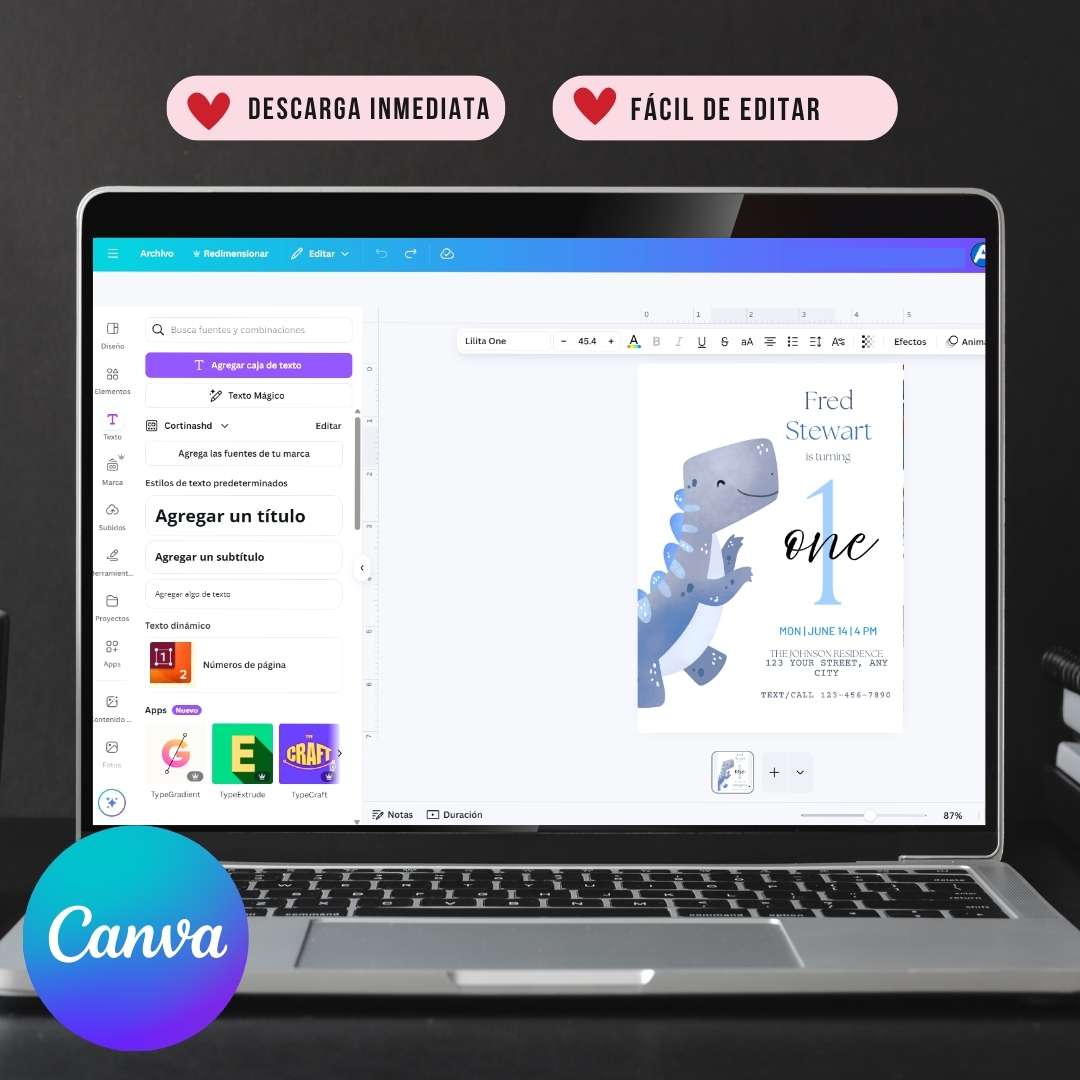 plantilla invitación cumpleaños bebe dinosaurio editar canva